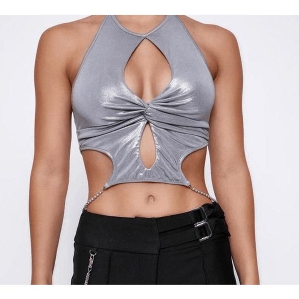 I.AM.GIA. Valera Crop Halter Top Metallic Silver Pearl / Silver Chain Medium